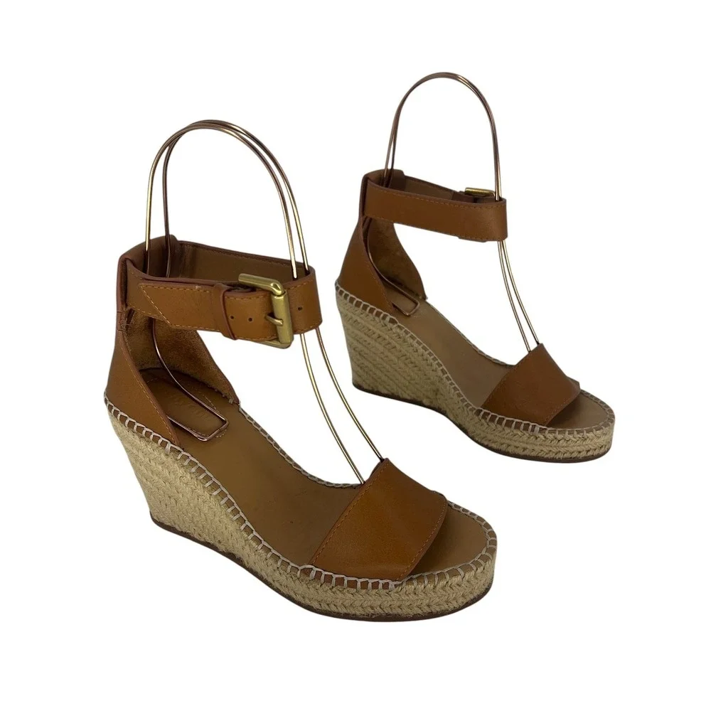See by Chloe Glyn Leather Espadrille Wedge Sandals Brown Size 36